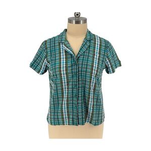 Basic Editions Button Down Shirt Green Blue Plaid Seersucker 100% Cotton XL